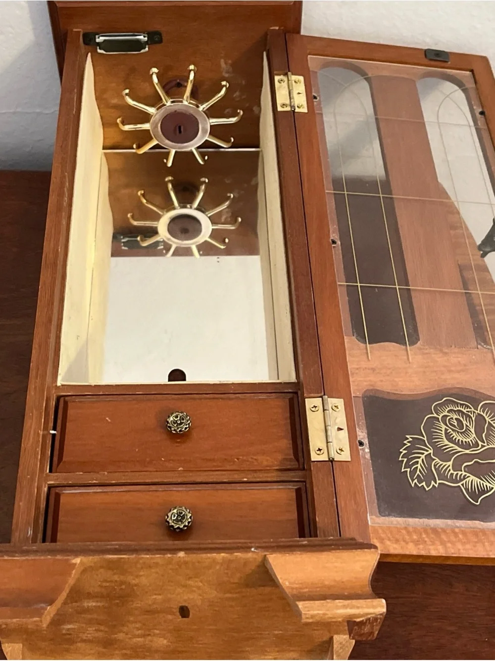 Vintage Tall Wooden Jewelry Armoire with Glass Front and Rose Detail